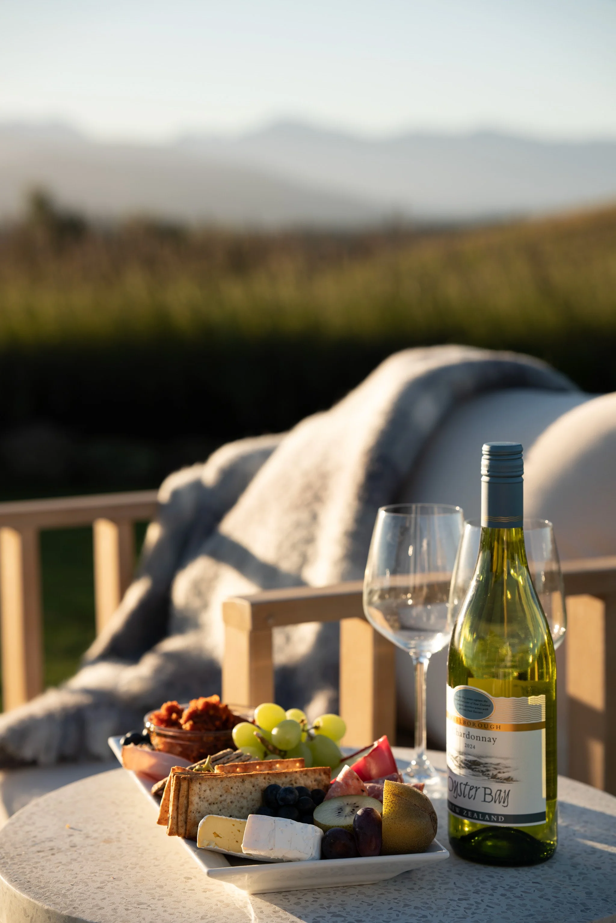 Outdoor table setting with wine, cheese platter, and mountain views.