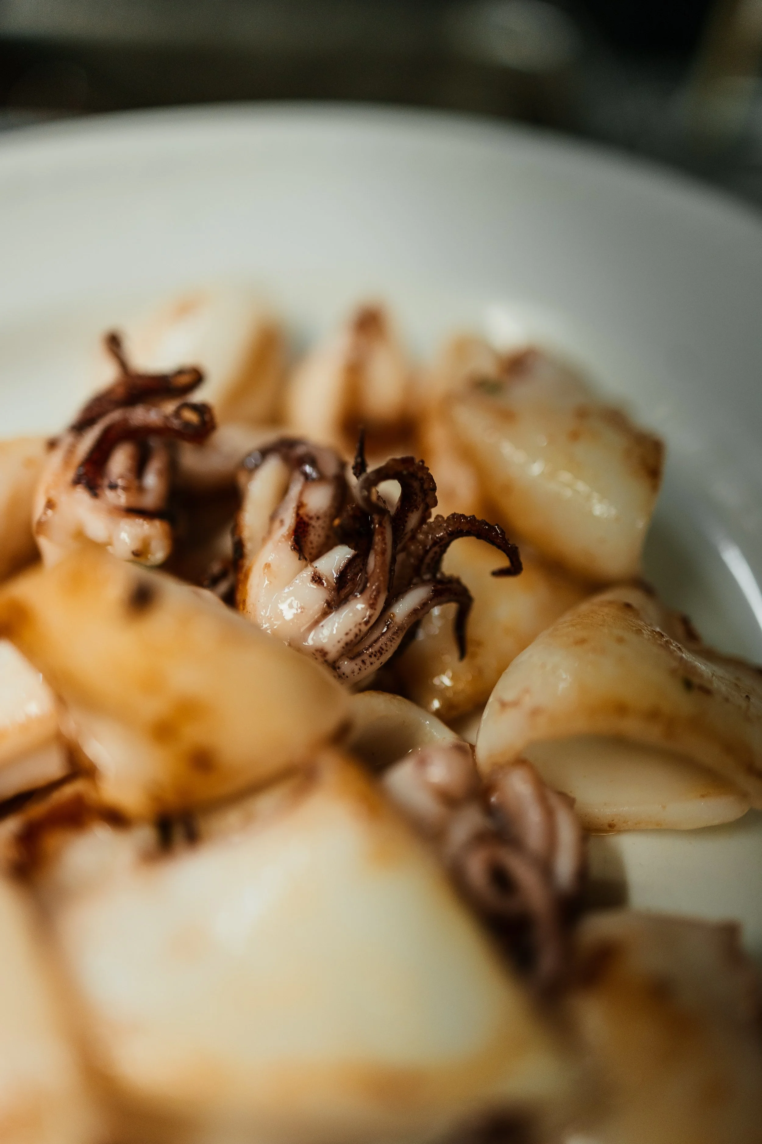Calamares cocidos en un plato blanco, con detalles borrosos en el fondo.