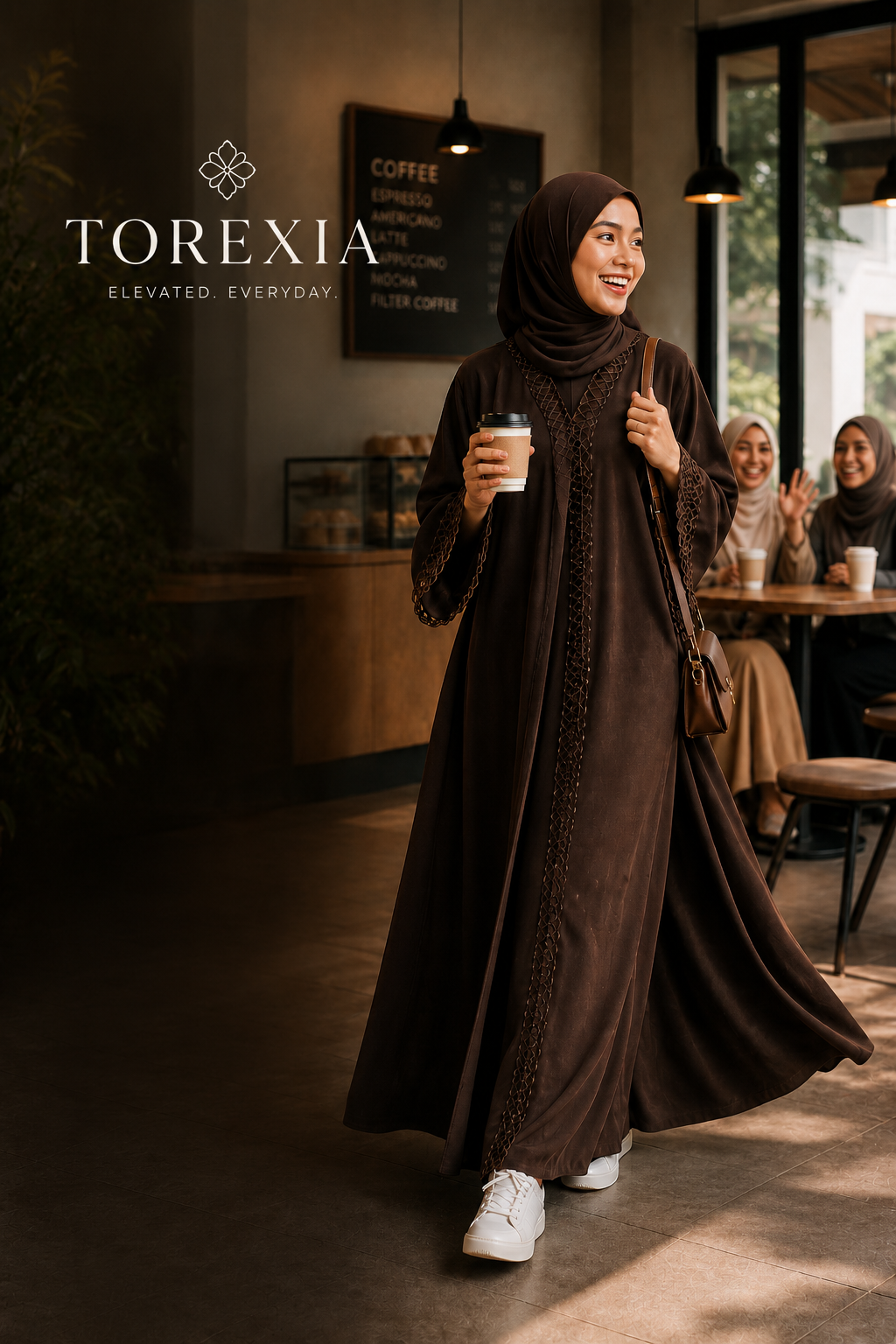 Woman wearing Torexia coffee brown daily abaya in a cozy café setting, featuring elegant embroidery and modest everyday style.