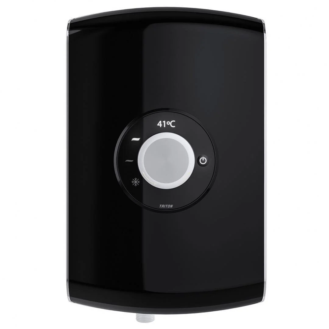 Triton Amore 8.5k/9.5kw electric showers now available in, black gloss, brushed steel and white gloss. Easy to use/see digital temperature display.
