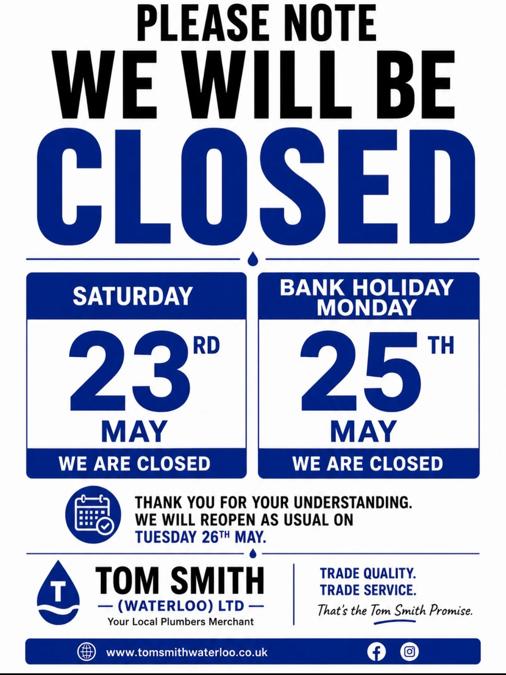 Just a quick notice to our customers 👋

We will be CLOSED on:

📅 Saturday 23rd May 
📅 Bank Holiday Monday 25th May

We will reopen as normal on Tuesday 26th May.

Thank you for your continued support &mdash; and enjoy the long weekend! ☀️

📍 Tom 