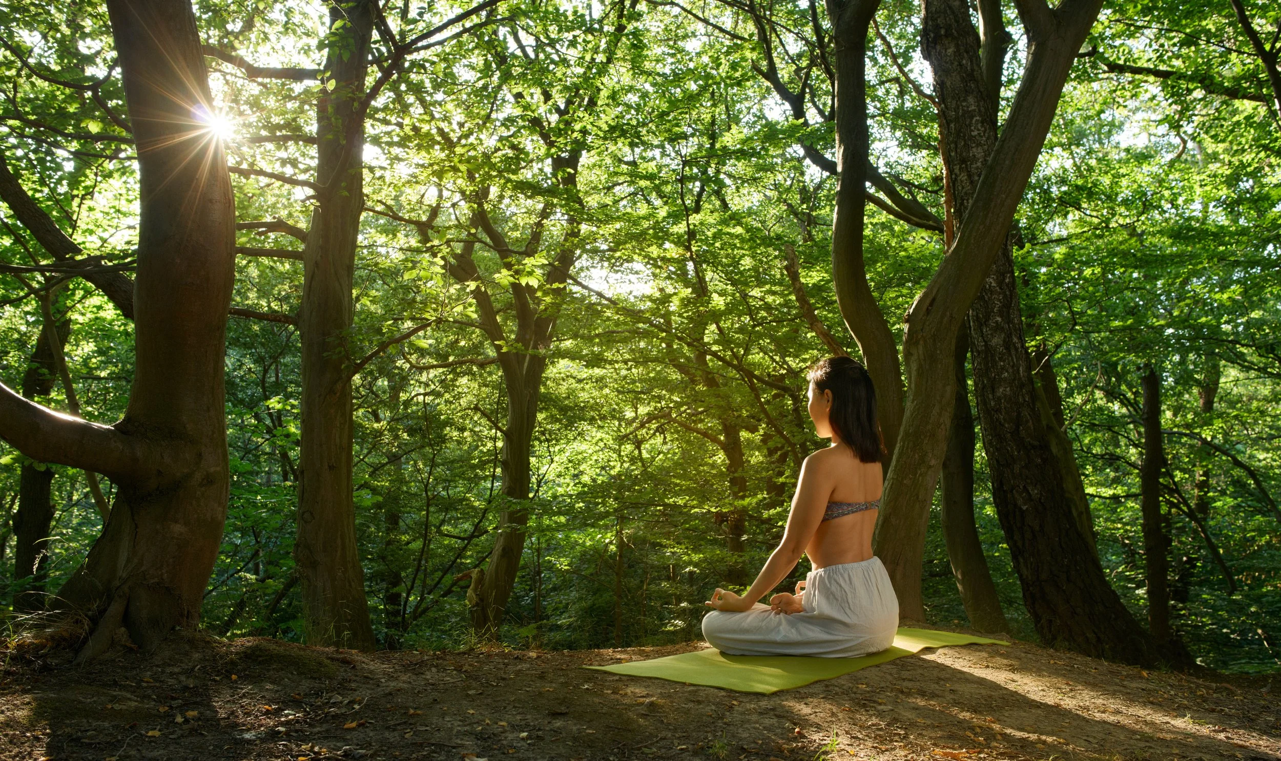 A woman practicing meditation outdoors in a forest, sitting cross-legged on a mat with her eyes closed and hands resting on her knees, surrounded by green trees and sunlight filtering through the leaves.