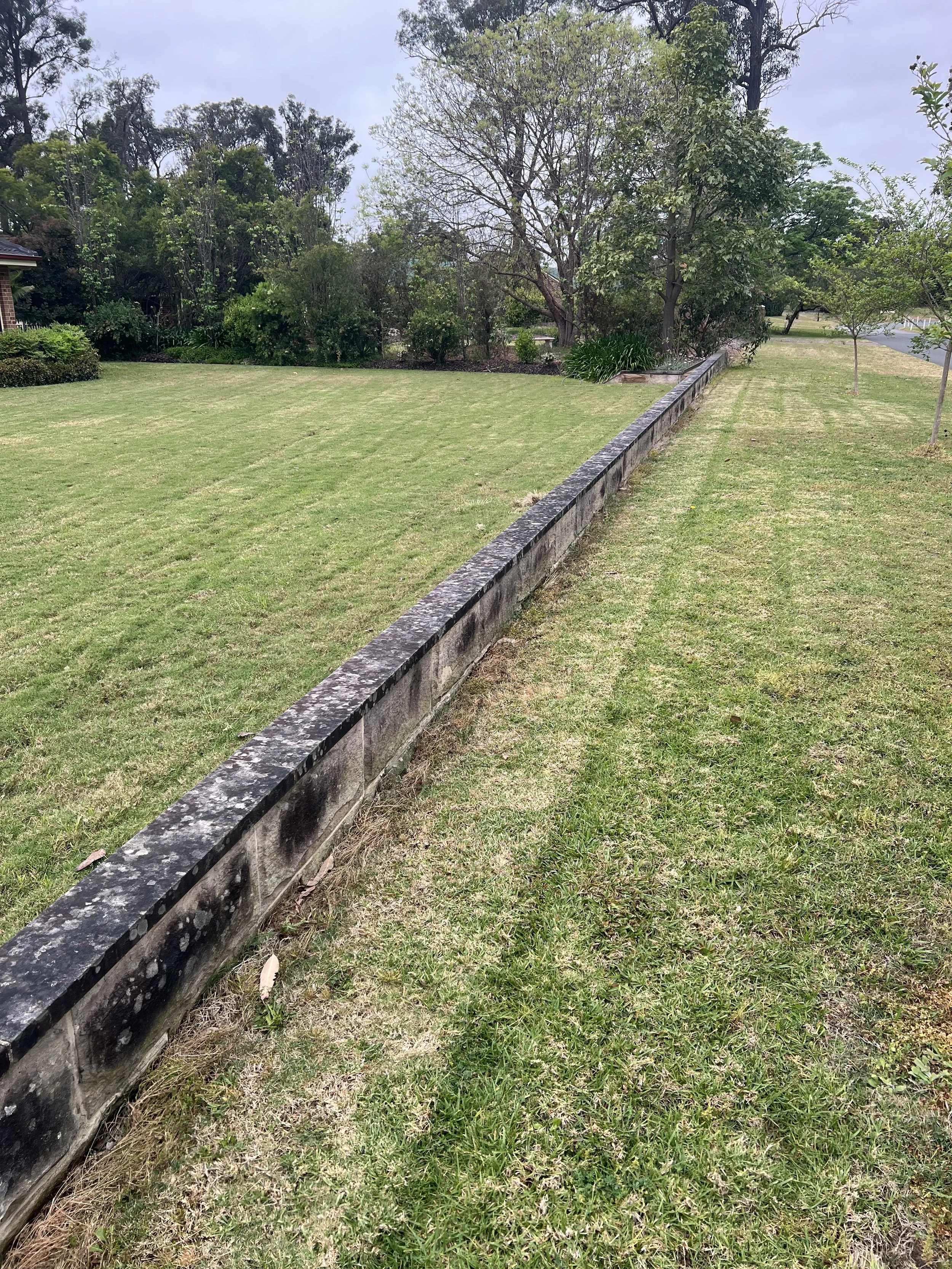A grassy yard with a low stone retaining wall on the left side, trees, bushes, and a sidewalk in the background under a cloudy sky.