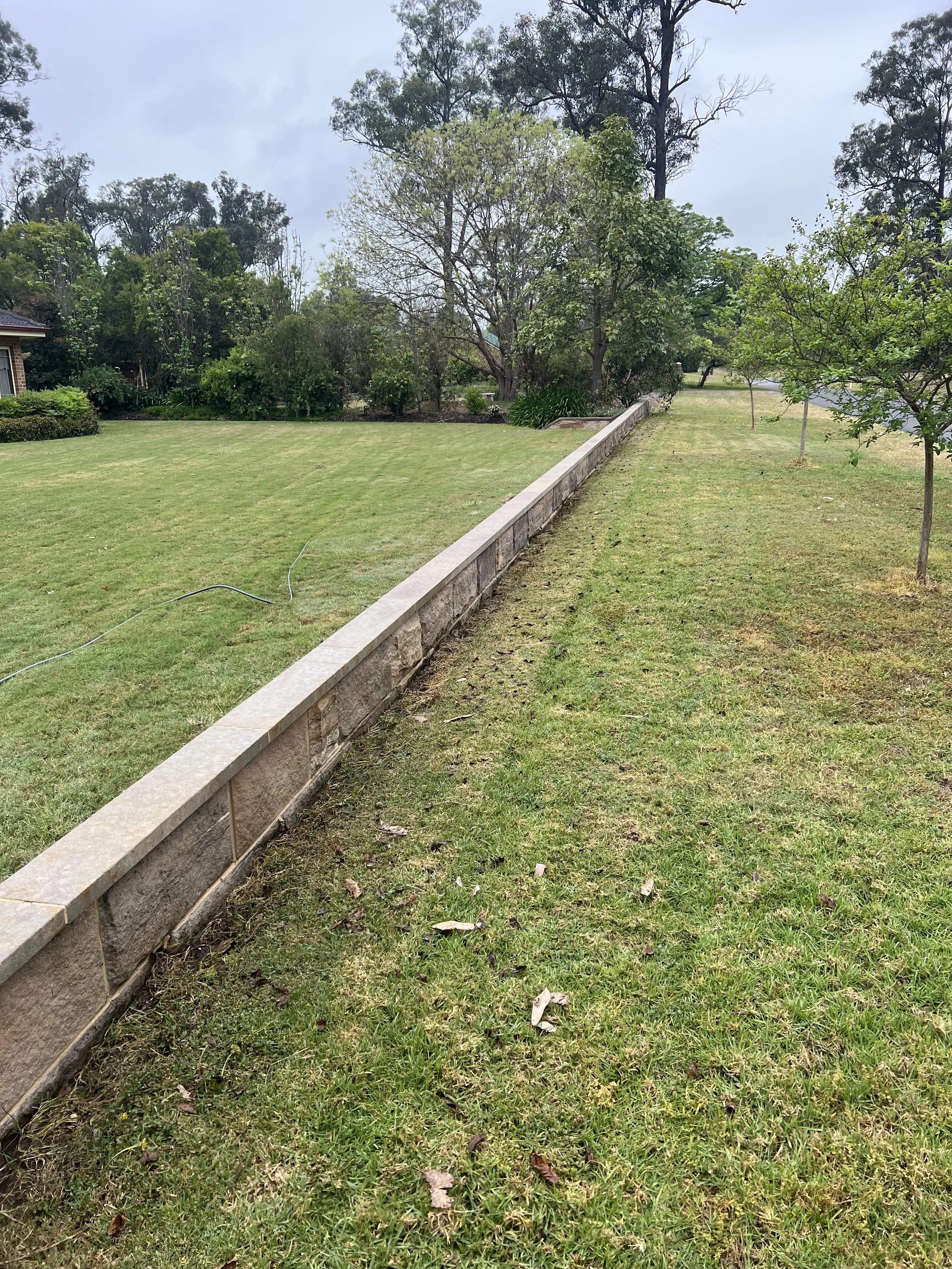 A yard with green grass, some small trees, and a stone border along the edge of the lawn. There are shrubs and taller trees in the background with a cloudy sky overhead.