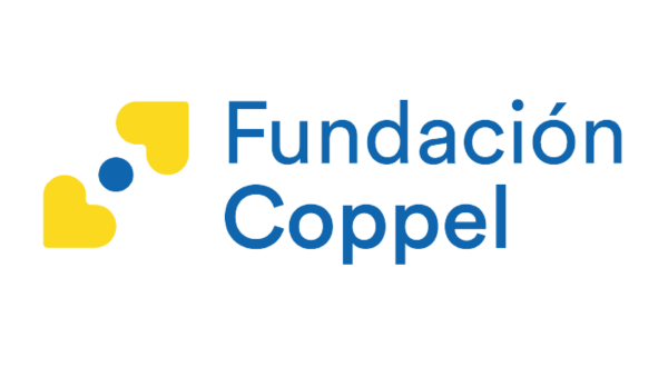 Logotipo de la Fundación Coppel con corazones amarillos y azul, y texto en azul.