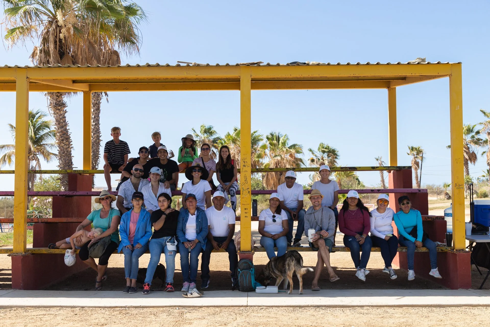 Grupo de personas posando en unas gradas bajo una estructura amarilla, con palmeras al fondo.