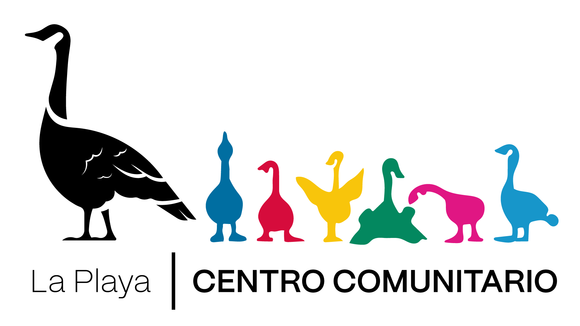 Logotipo de La Playa Centro Comunitario con un ganso negro seguido de pequeños gansos de colores.