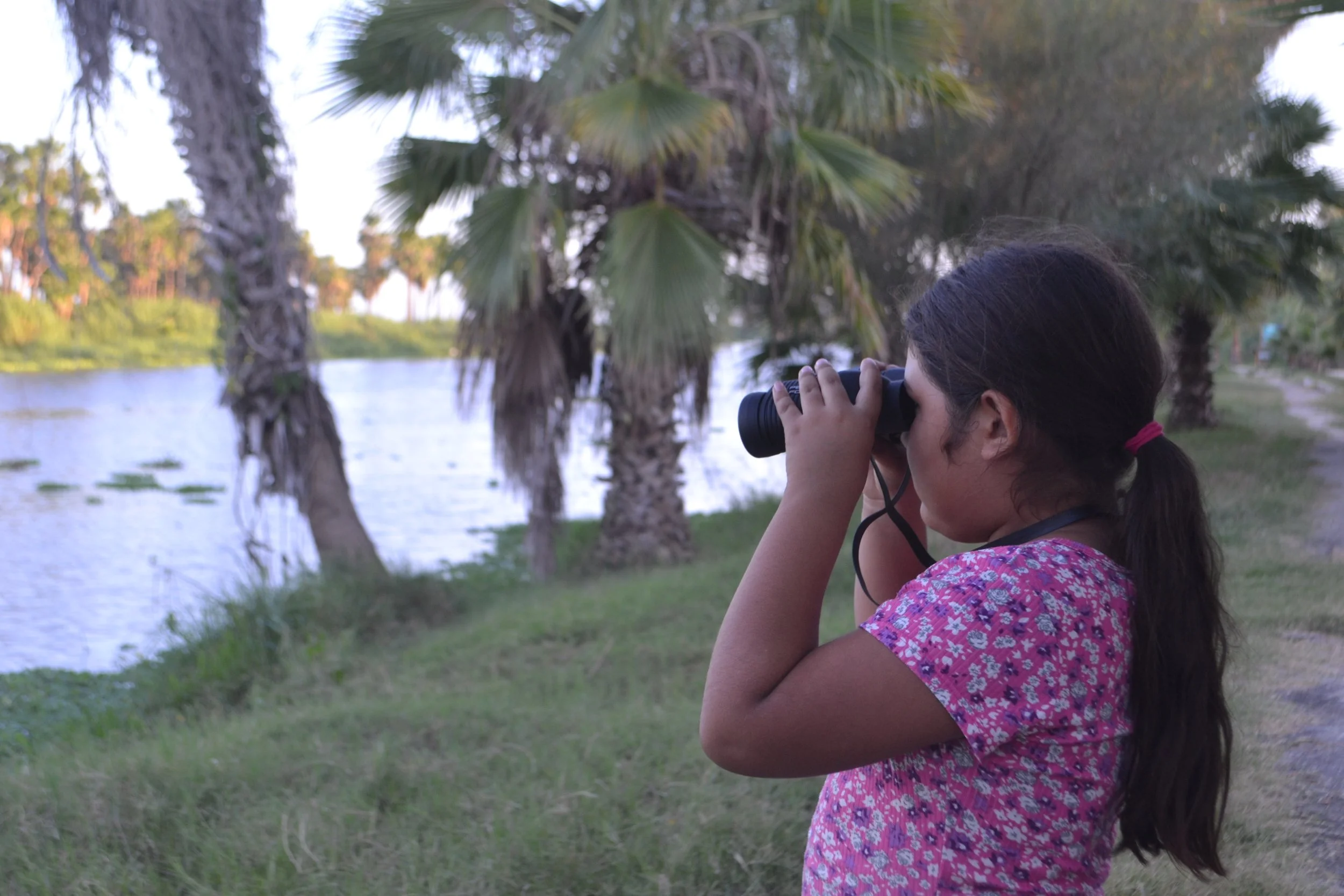 Niña con vestido rosa y pelo en coleta, observando a través de binoculares en un entorno natural junto a un río y palmeras.