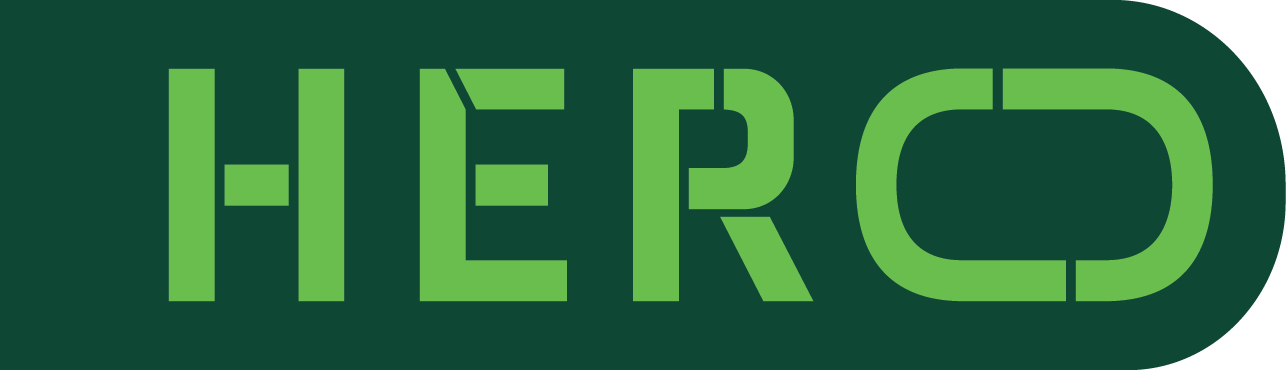 Close-up of the word 'HERO' in bold green letters on a dark green background.