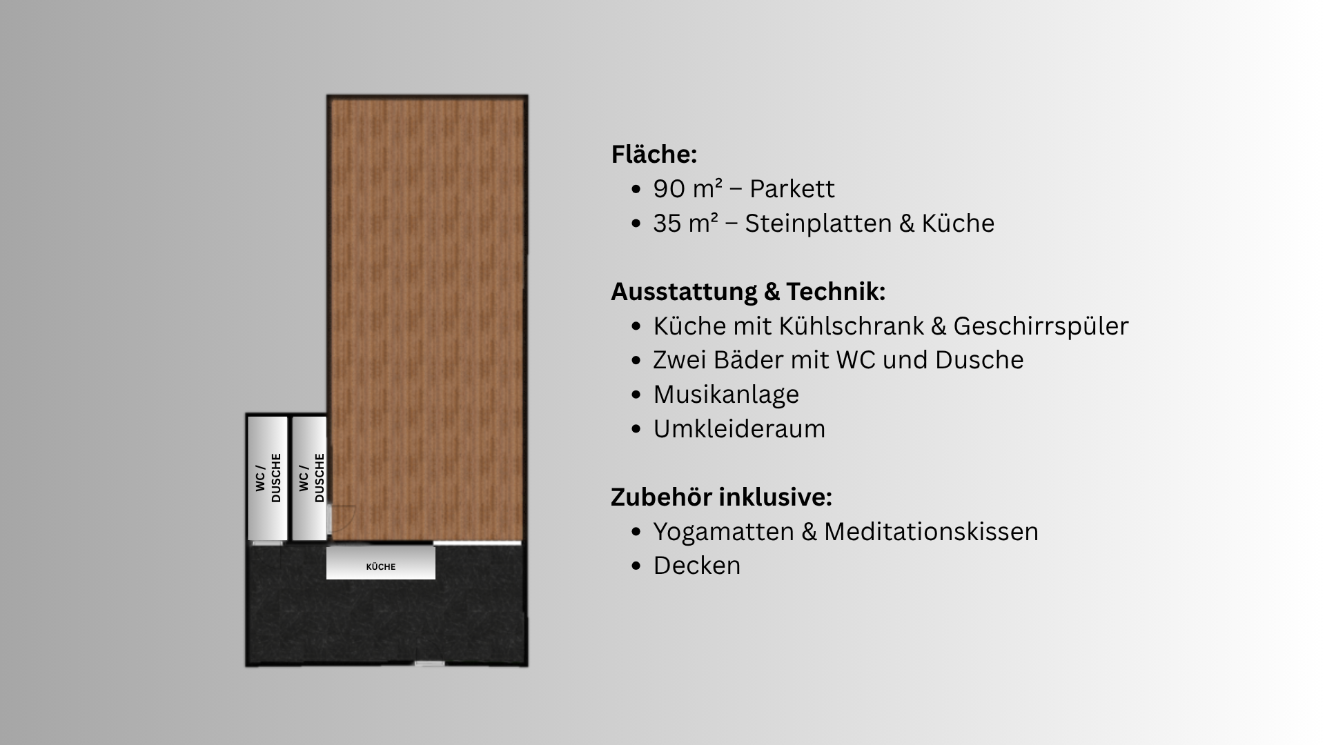 Floor plan of a living space with a large wooden area and a smaller black area at the bottom with two small bathroom labels. The right side contains German text listing the space's size, features, and included accessories.