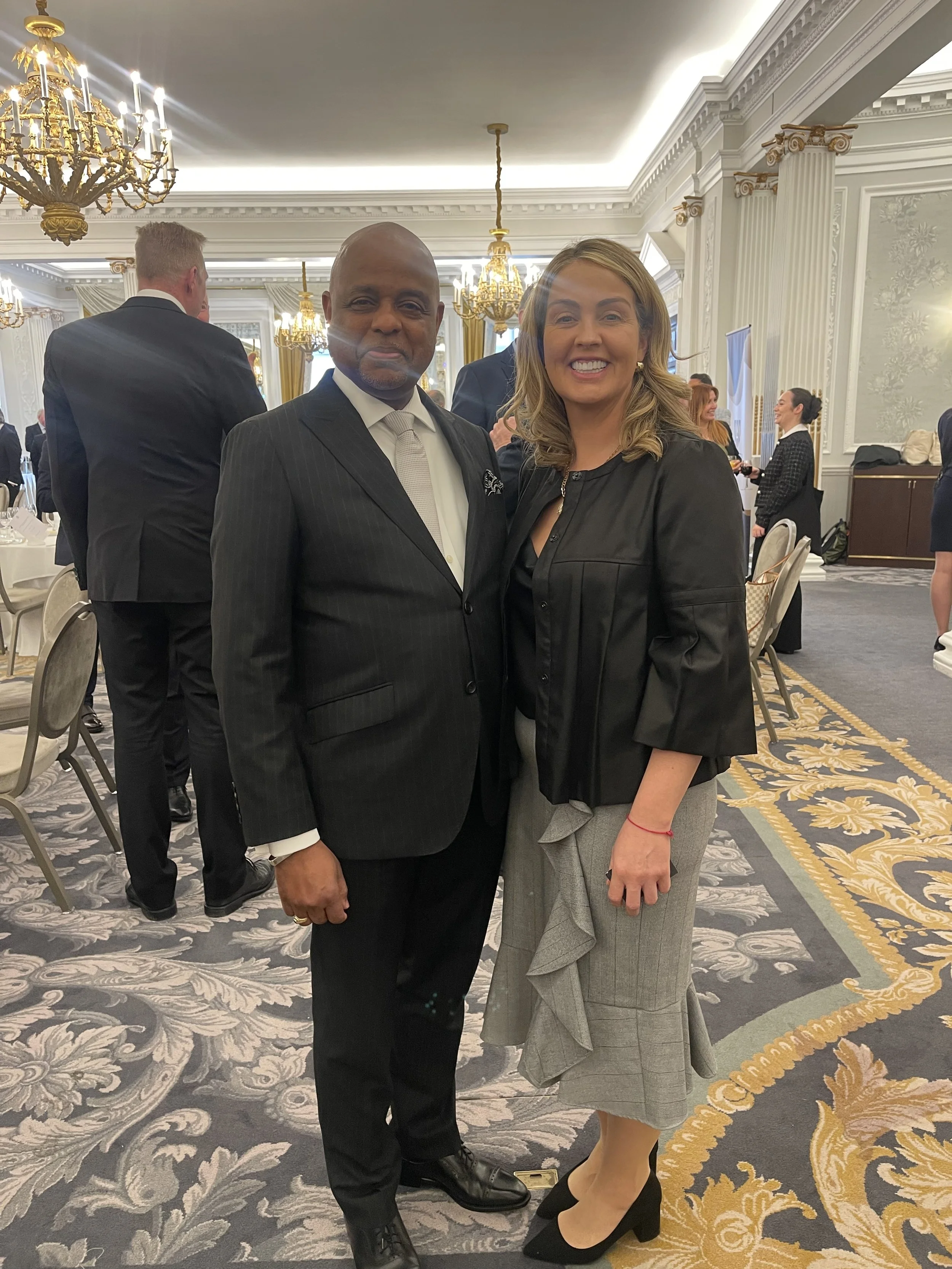 Louize Clark with the Ambassador of Jamaica, discussing the impact of AI on Caribbean island economies, London