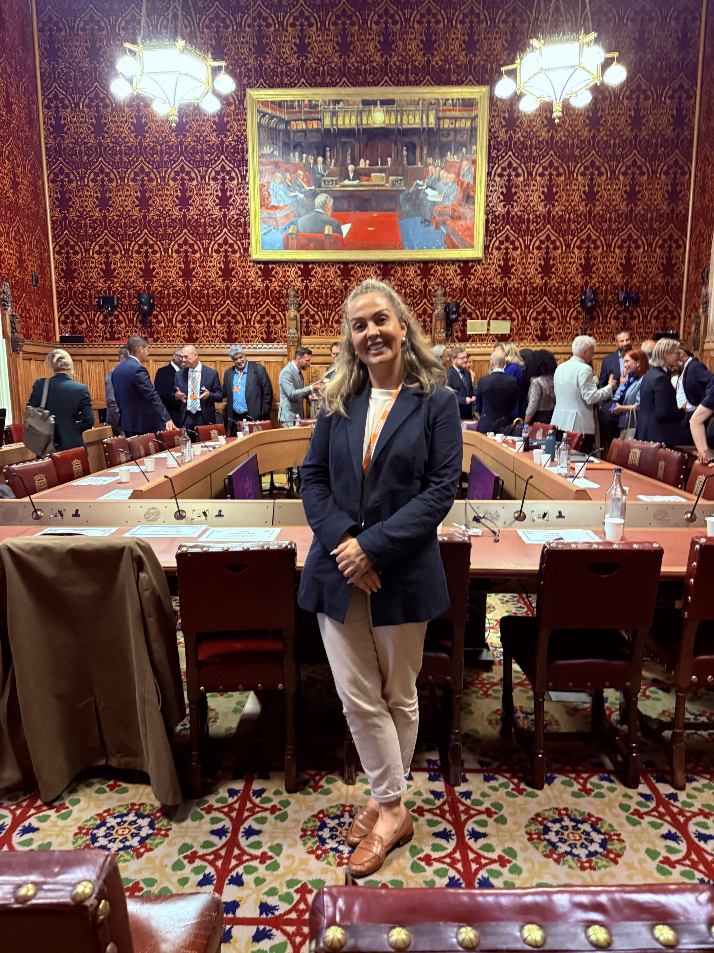 Louize Clark in a committee room at the Houses of Parliament, London discussing AI Enabled Weapons 

