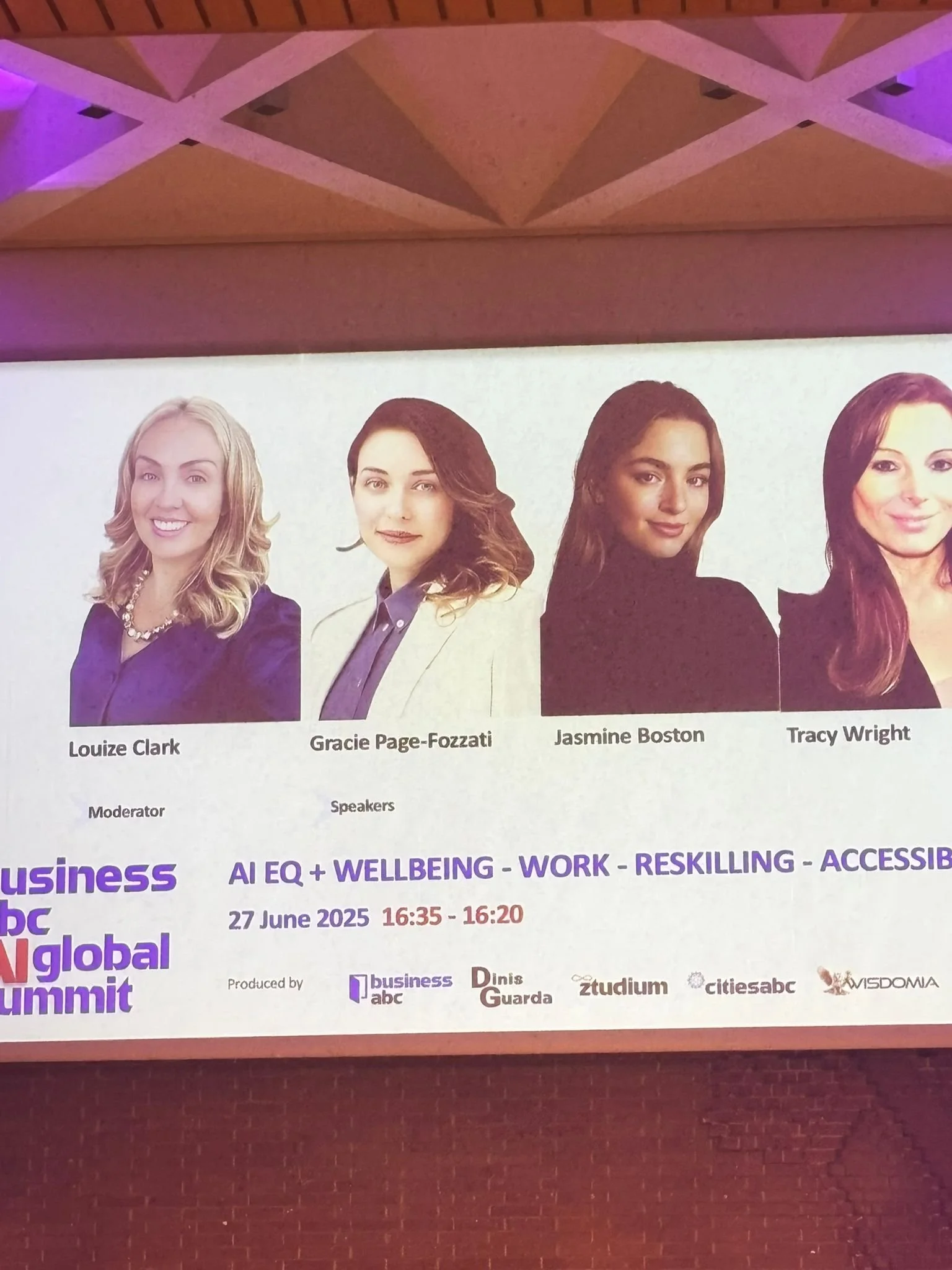 Louize Clark moderating the AI EQ, Wellbeing and Reskilling panel at the Business ABC AI Global Summit, June 2025