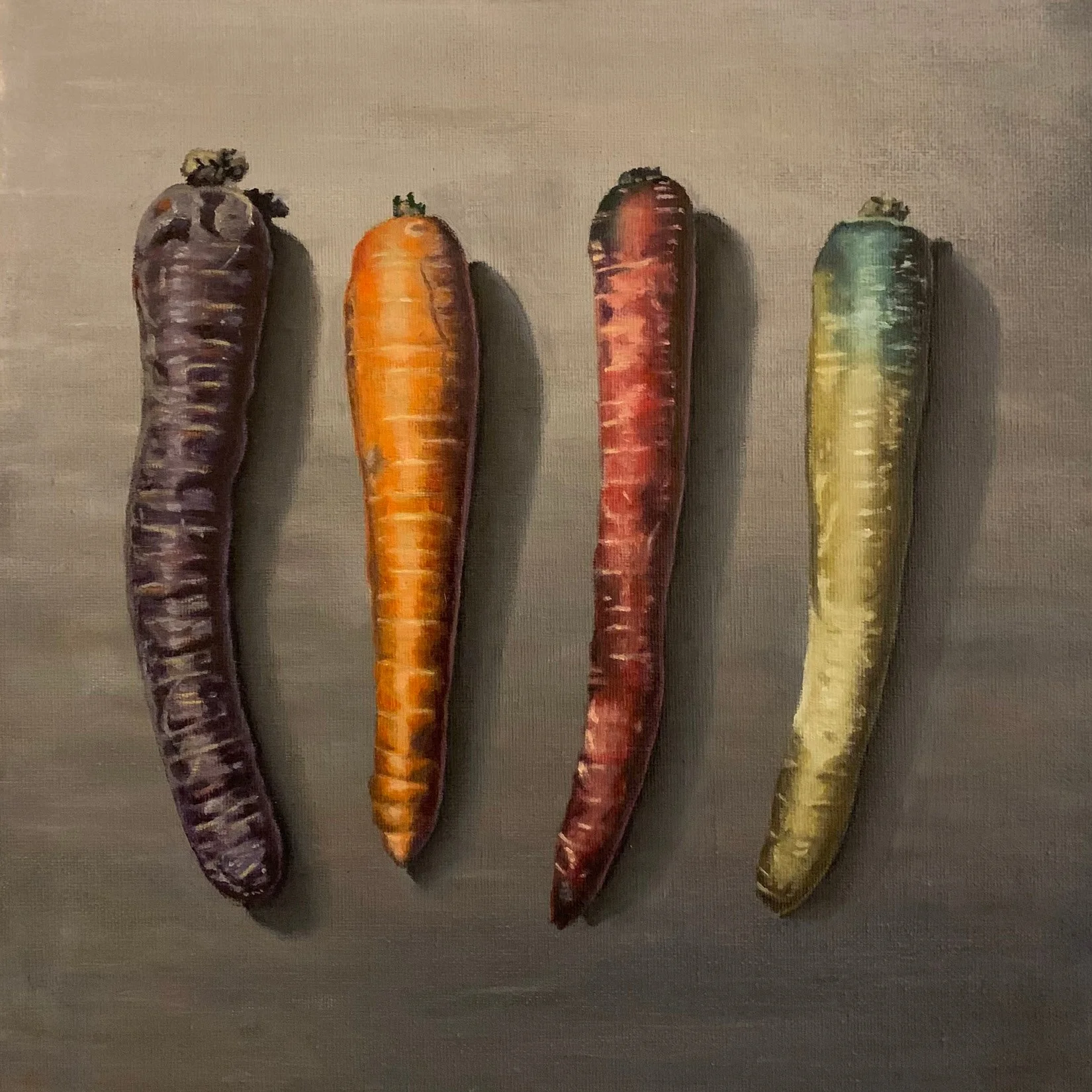 Colourful carrots on grey  12” x 12”   $650