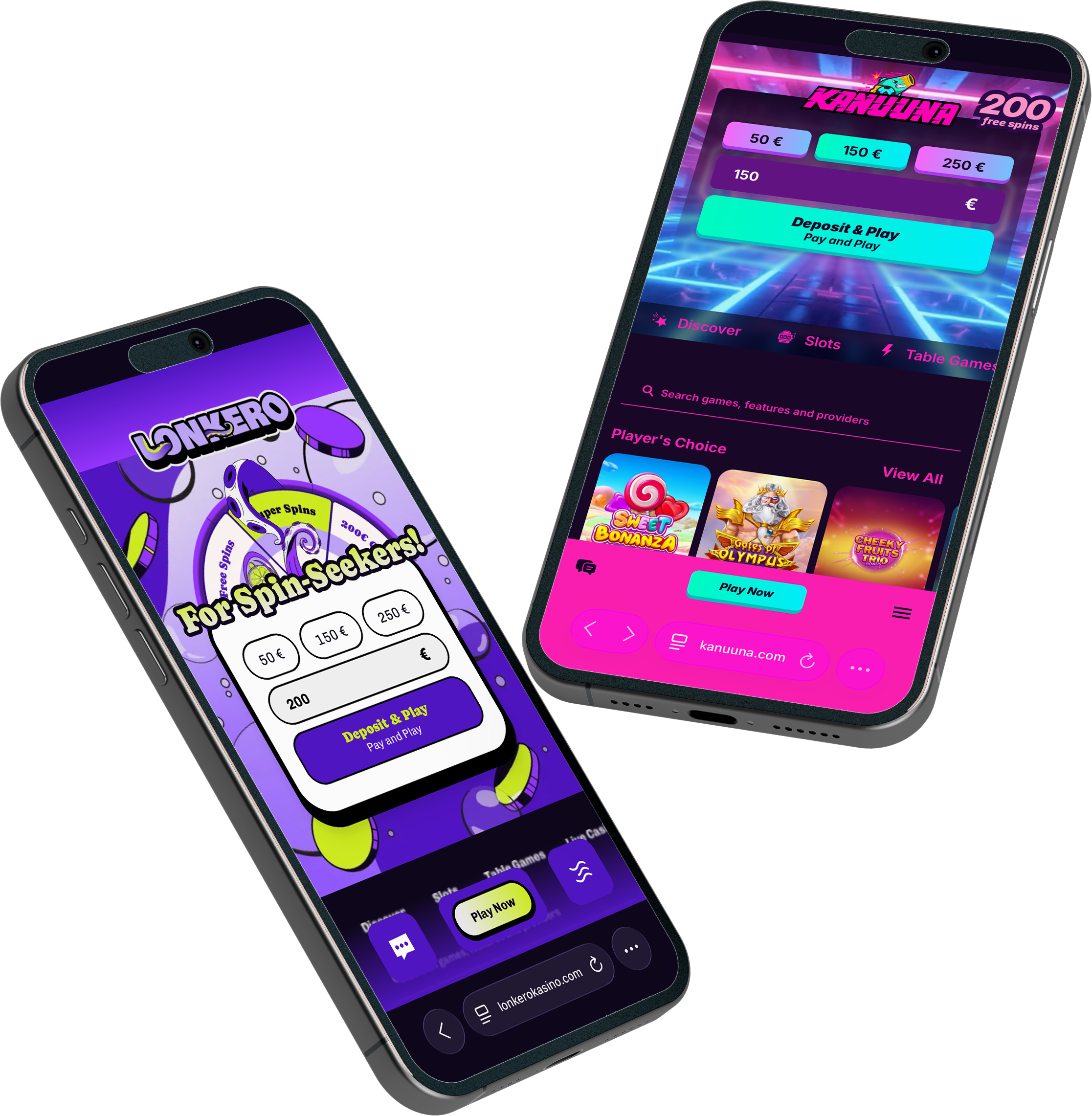 Two smartphones displaying online casino gambling apps with vibrant purple and pink themes, showing options to deposit funds and play slot games.