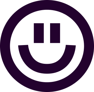 A stylized, dark purple peace sign with a smiling face.