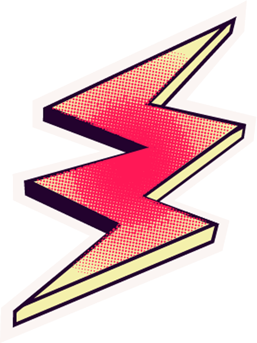 A stylized red lightning bolt with a yellow outline and a black shadow, designed in a comic book style with halftone dots.