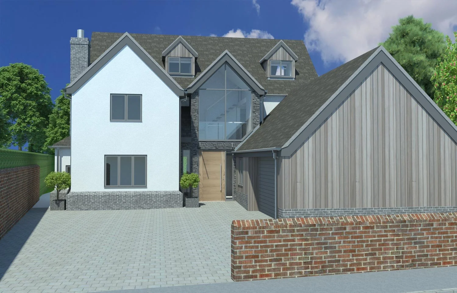 Exterior view of a modern multi-story house with gray roof, white walls, large glass window, and wooden garage door, surrounded by a brick and green fence, with trees and blue sky in the background.