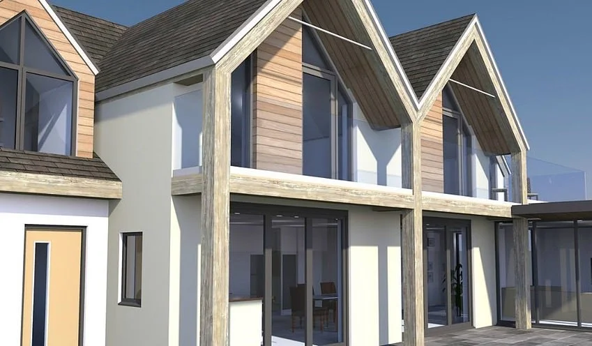 Modern multi-story house with wooden and white exterior, large glass windows, and gabled roof on a sunny day.