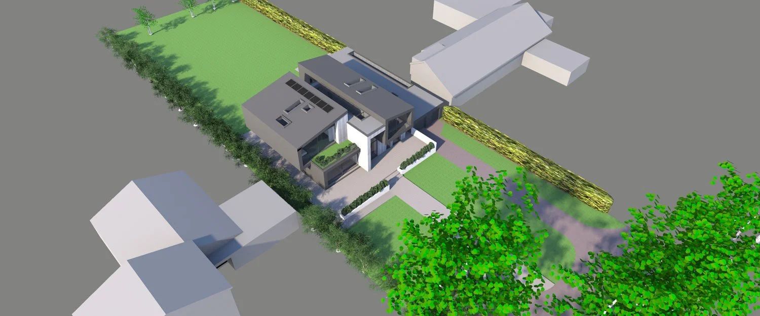A 3D rendering of a modern residential house with a backyard, surrounded by greenery, trees, and neighboring buildings.