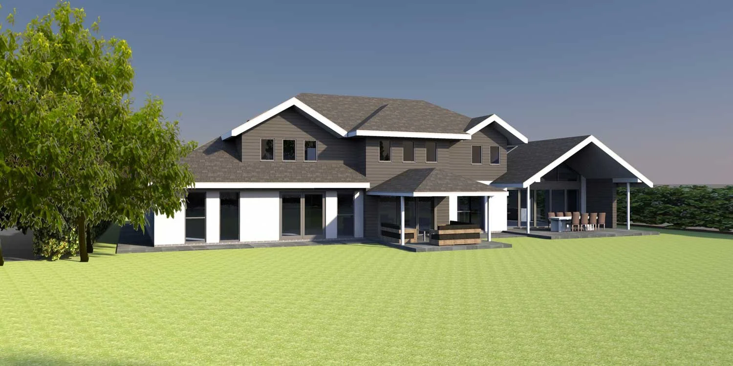 A modern two-story house with grey siding, large glass doors, and a covered patio area on a green lawn with trees in the background.