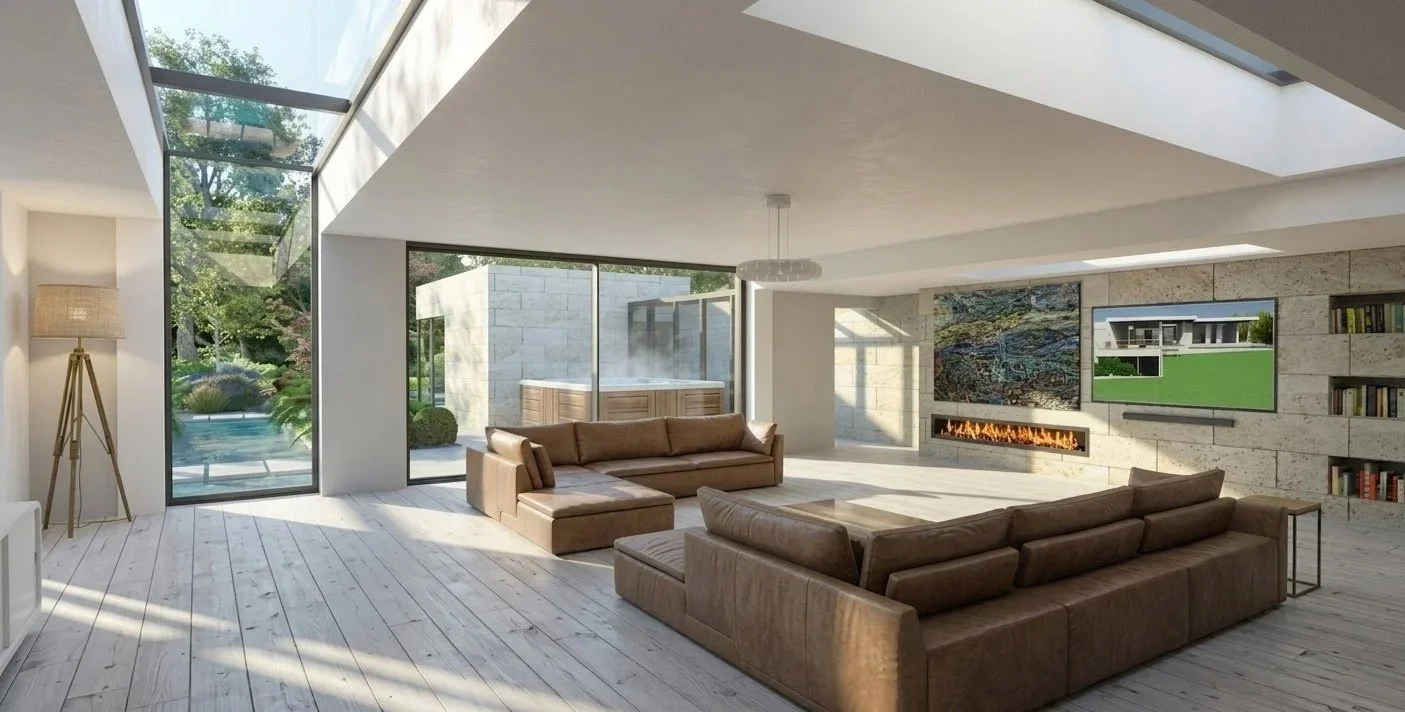 Modern living room with large glass windows and doors, wooden floors, two leather sectional sofas, a modern fireplace, and mounted televisions.