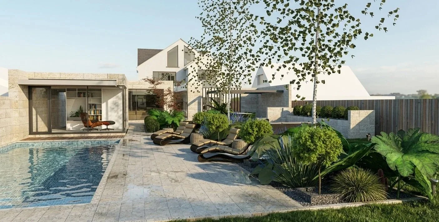 Modern backyard with a swimming pool, lounge chairs, lush green plants, and a small enclosed seating area.