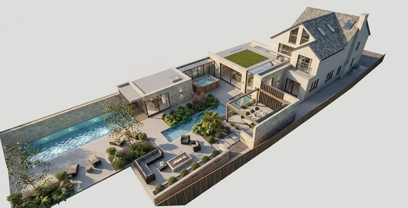 A modern backyard with a swimming pool, hot tub, outdoor seating area, fire pit, and a small lawn, attached to a house with multiple levels and large windows.