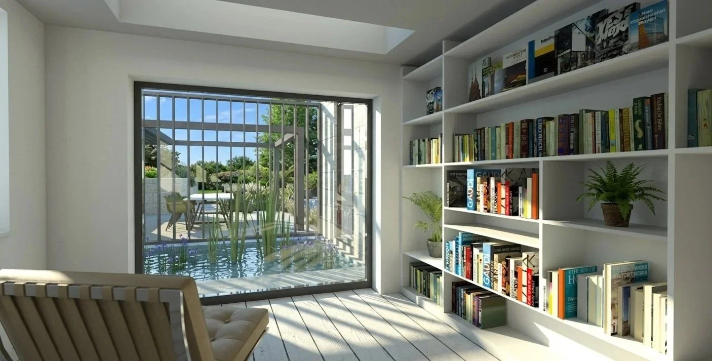 Interior of a modern room with a large window showing a patio and garden outside, a white bookshelf filled with books and potted plants, and a wooden chair.