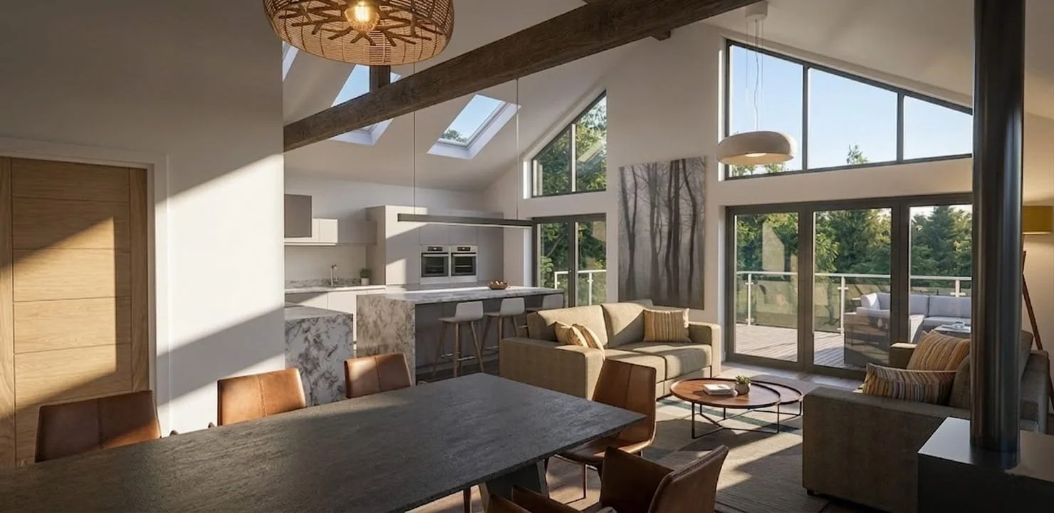 Living room with large windows, skylights, modern furniture, wooden beams, and outdoor balcony.