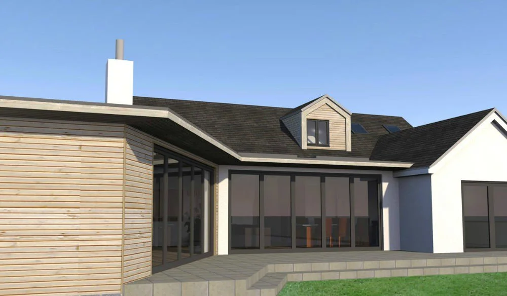 Modern house with a wooden and white exterior, large glass doors, a stepped patio, and a curved roof.