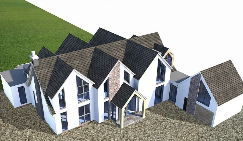 A modern, multi-story house with white walls, large windows, and steep dark roofs. The house has multiple sections and gabled roofs, with a driveway leading to a garage. There's a green lawn in the background.