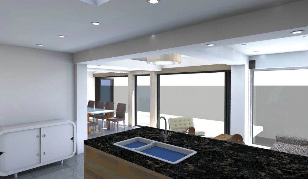 Modern open-concept kitchen and dining area with large windows, granite countertop, dining table with chairs, and minimal furnishings.
