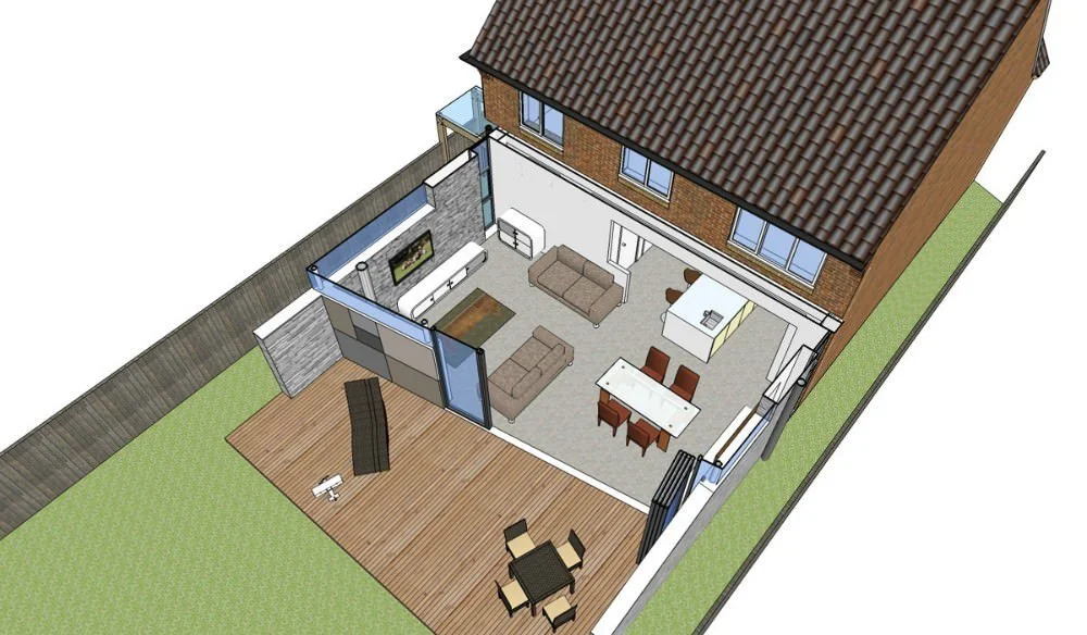 A 3D floor plan of a house showing an outdoor deck with a table and chairs, an indoor living room with couches and a TV, and an open kitchen/dining area.