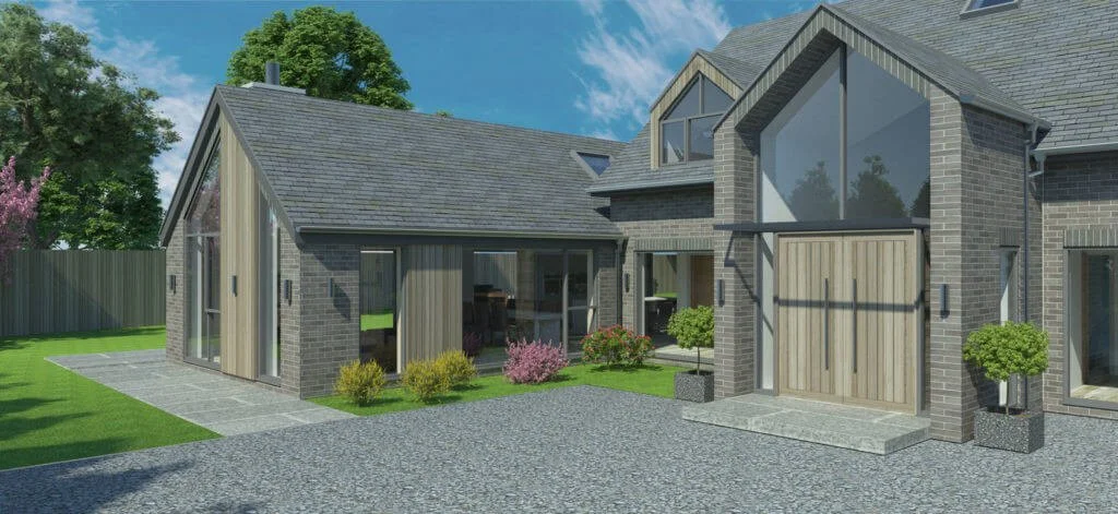 Modern gray brick house with wooden accents, large front windows, a driveway, and landscaped garden with bushes and trees under a blue sky.