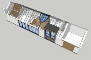 3D model of a narrow rectangular interior space divided into multiple rooms with furniture and fixtures.