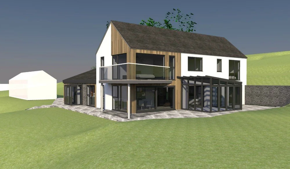 A modern, two-story house with a combination of white and wooden exterior walls, large glass windows, and a pitched roof. The house features a balcony on the upper floor and a glass-enclosed patio on the ground floor, set on a grassy landscape with a