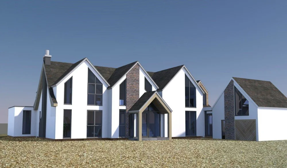 Modern architectural house with a combination of white walls, dark roofs, and large windows, set on a gravel ground.