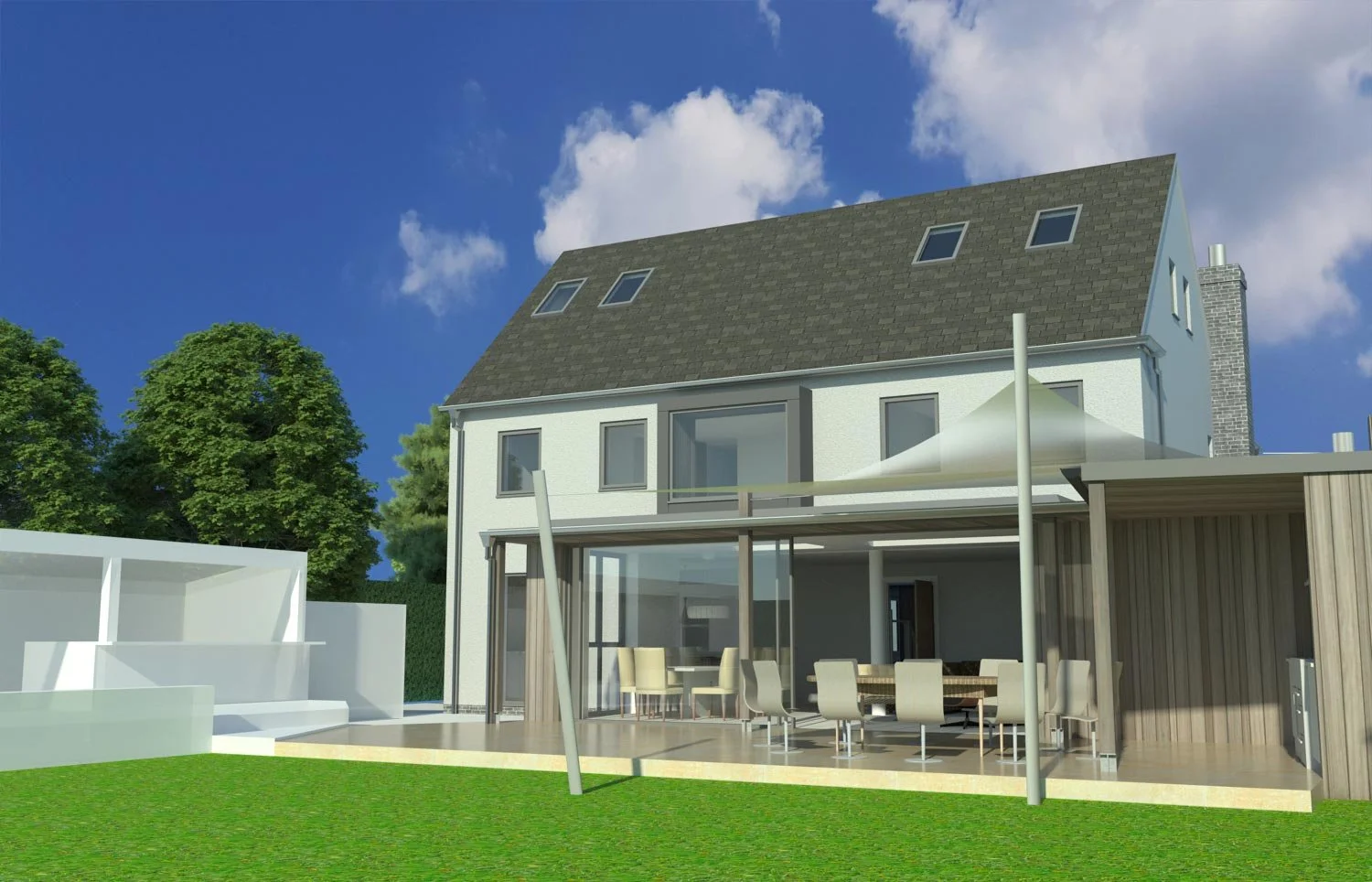 A modern house with a sloped roof, multiple skylights, and a large covered patio featuring a dining table and chairs, set against a background of blue sky and greenery.