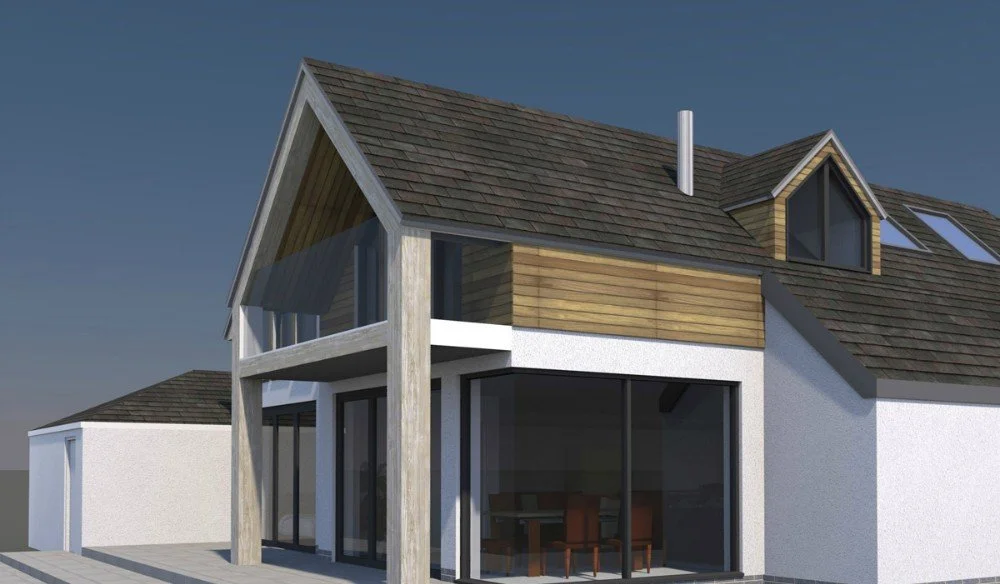 A modern house with a mix of white stucco and wooden siding, large glass windows, a sloped shingled roof, and a small garage in the background.
