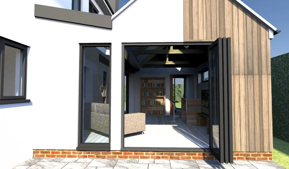 Open interior view of a modern house with sliding glass doors, showing a cozy living room with a bookshelf, armchair, and flat-screen TV, with sunlight streaming in.