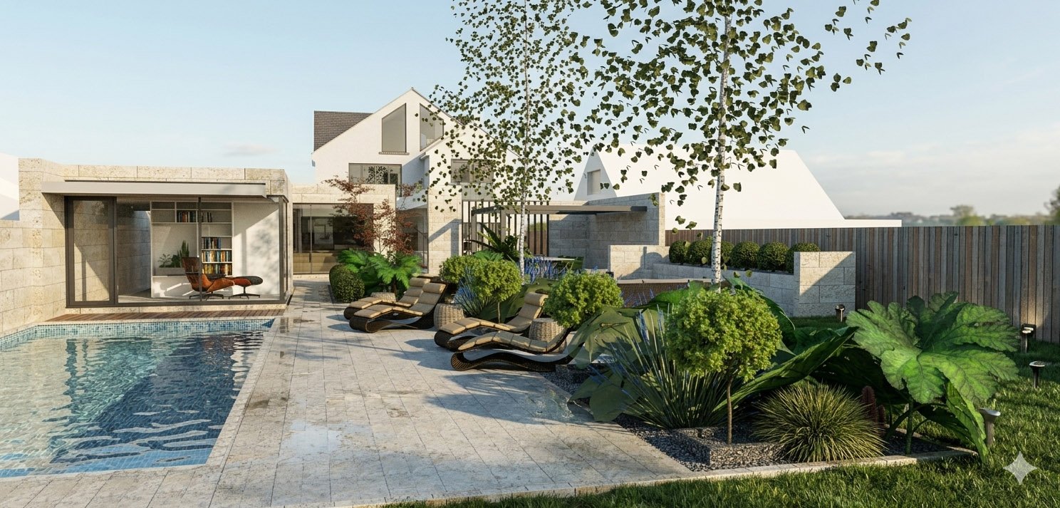 Modern backyard with a swimming pool, lounge chairs, lush plants, and a contemporary house with large windows.