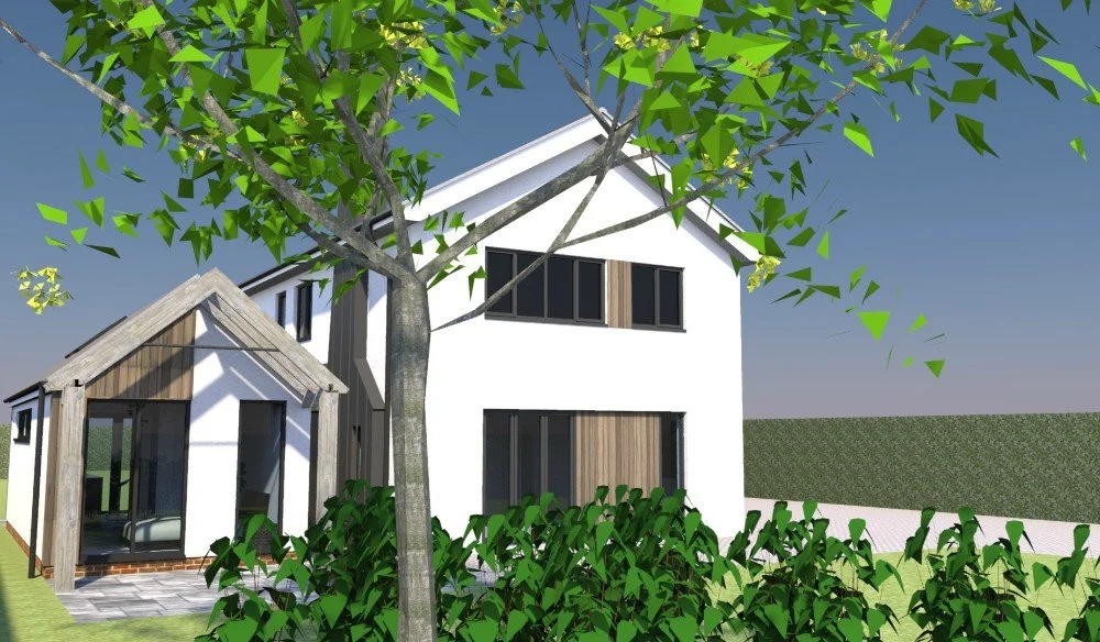 A modern two-story house with white walls, large windows, and a wooden extension, surrounded by greenery including a large tree and bushes, with a clear blue sky in the background.