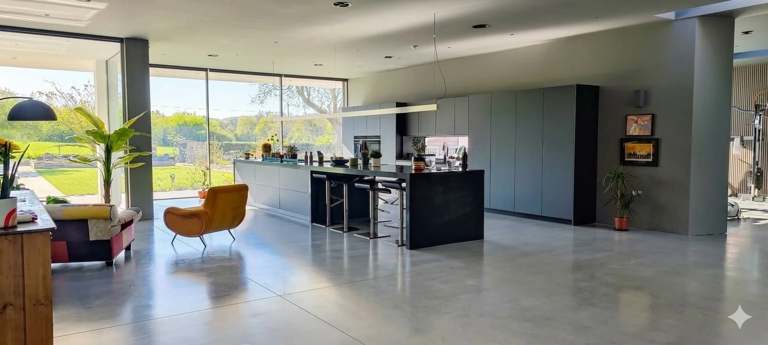 Modern open-plan kitchen and living area with large windows, gray cabinetry, black island, and yellow armchair, overlooking a lush green outdoor space.