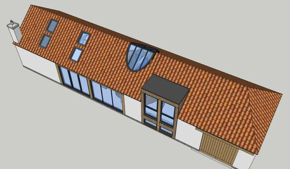 3D illustration of a long house with a red tiled roof, six skylights, large glass sliding doors, a curved glass window, a small extension with windows, and a wooden garage door.