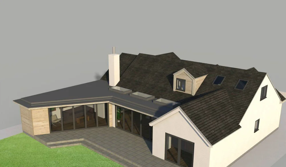 3D rendering of a modern house exterior with a patio and large windows, white walls, dark shingle roof, and a chimney. There is a grassy area in the foreground.