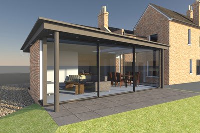 Modern house with a glass wall patio, outdoor tiled area, and a grassy lawn.