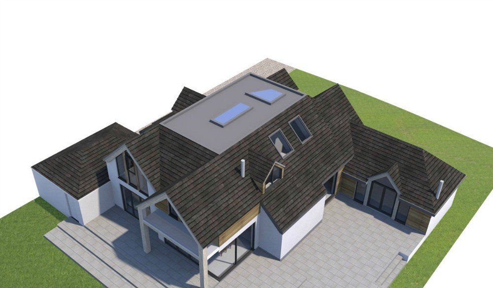 3D rendering of a modern house with multiple roof angles, skylights, and a large patio area surrounded by grass.
