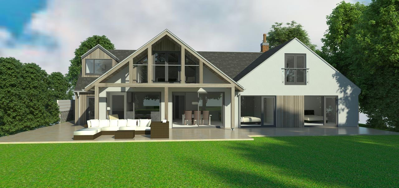 Modern two-story house with large windows, outdoor patio with white seating, surrounded by green trees and grass.