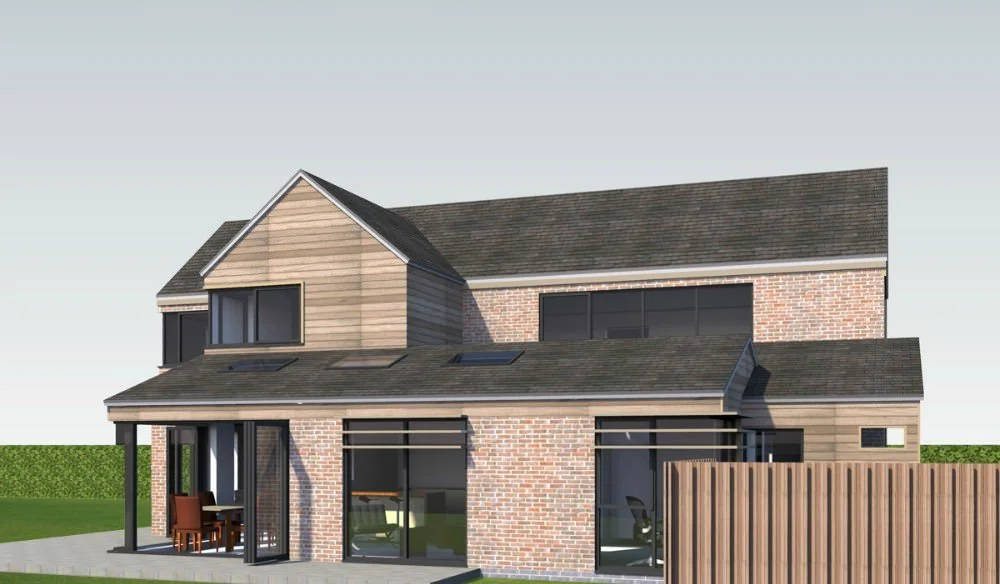 Render of a modern two-story house with brick and wood exterior, large windows, and a covered patio with outdoor furniture.